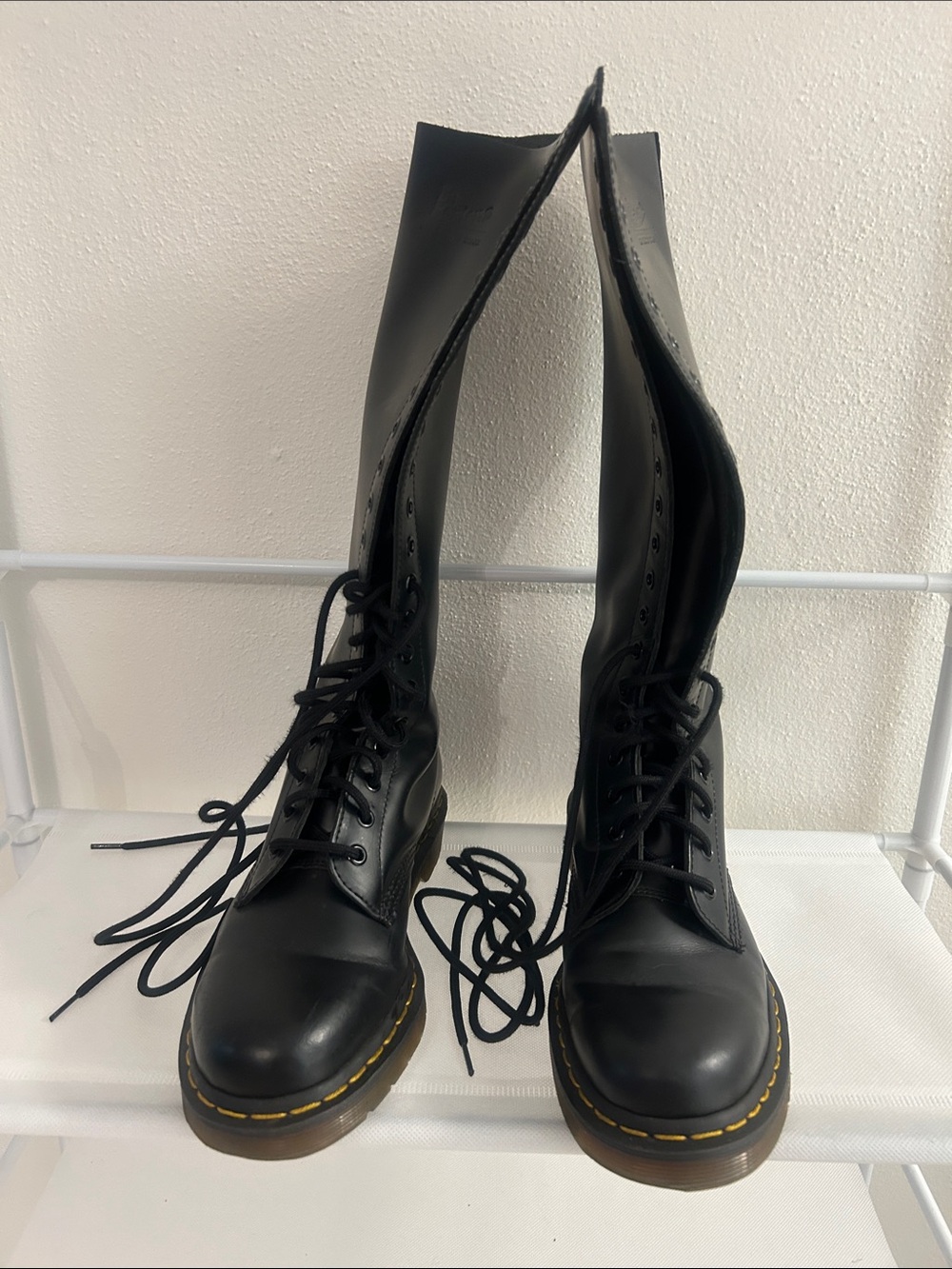 Dr. Martens Black Lace-Up High Shaft Combat Boots with Yellow Stitching